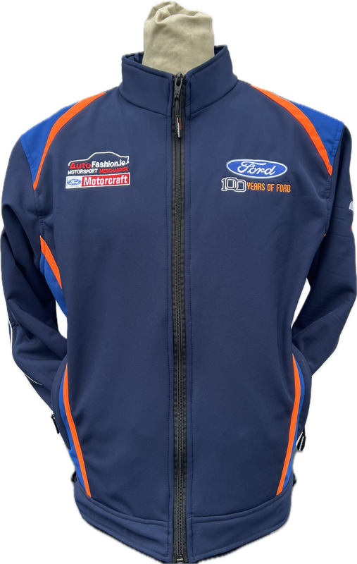 NEW 100 YEARS OF FORD SOFTSHELL, NAVY WITH ORANGE AND ROYAL, BREATHABLE JACKET