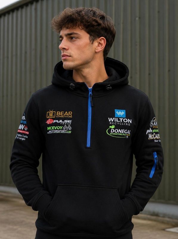 NEW WILTON DONEGAL HOODED QUARTER ZIP BLACK WITRH ROYAL ZIPS 2026/7