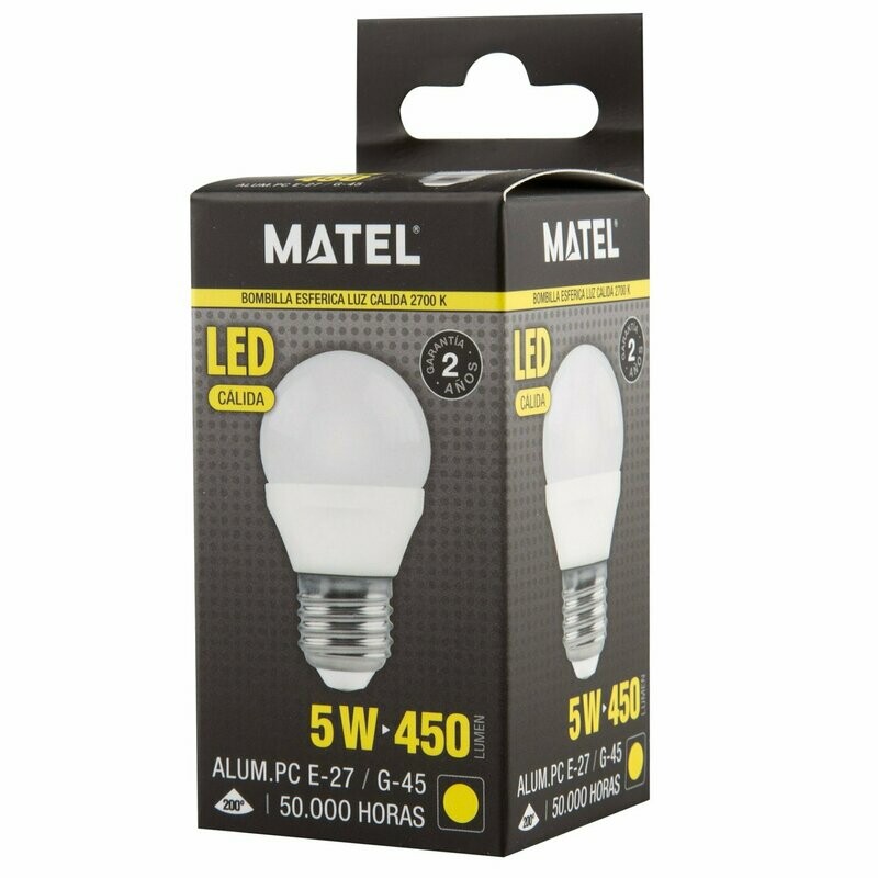BOMBILLO LED ESFERICO E-27 5W LUZ CALIDA MATEL