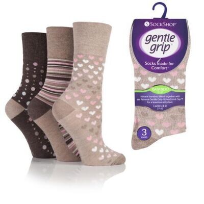 Ladies Bamboo 3 pk Gentle grip socks LS20917 4-8uk beiges