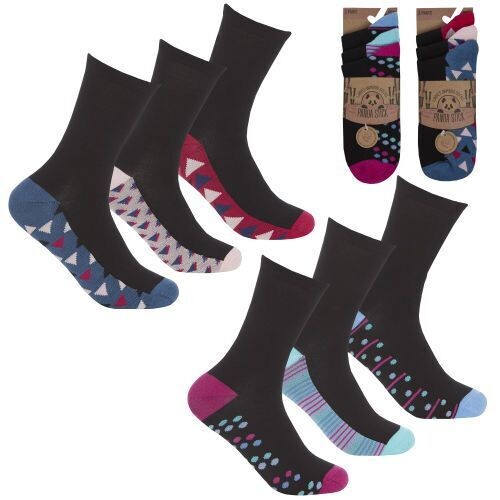 Ladies Bamboo 3 pk Gentle grip socks 41b676/bb 4-8uk black patterned