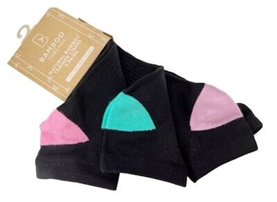 Ladies Black Natural Bamboo Trainer Socks liners with coloured heels 4-8uk SK826