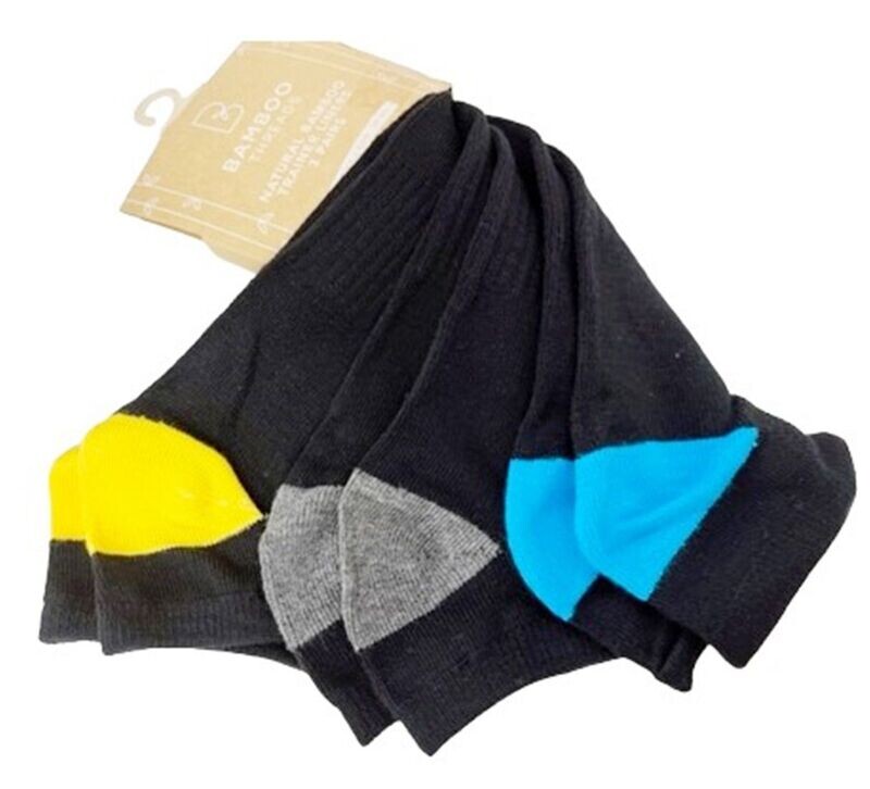 Mens Black Natural Bamboo Trainer Socks liners with coloured heels 6-11uk
