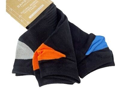 Mens Black Natural Bamboo Trainer Socks liners with coloured heels 6-11uk