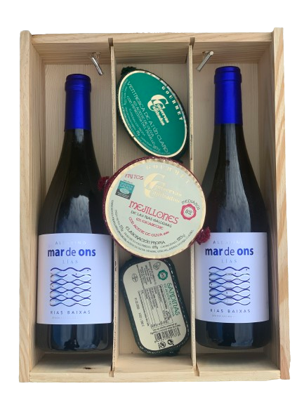 Albariño Mar de Ons Lías 2022- Estuche de Madera 2 Botellas + 3 conservas