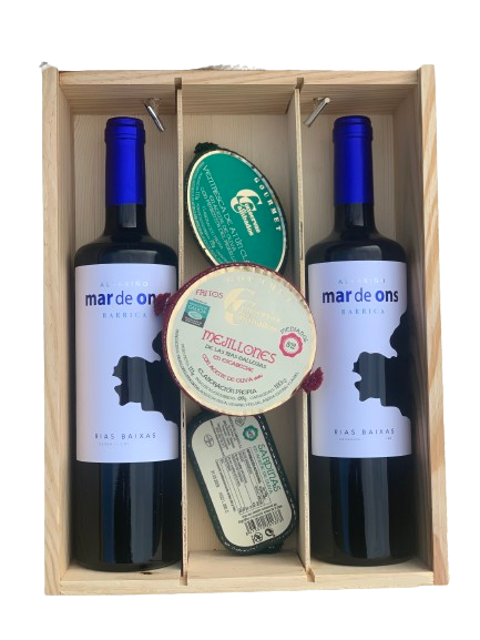 Albariño Mar de Ons Barrica 2022- Estuche de Madera 2 Botellas + 3 conservas