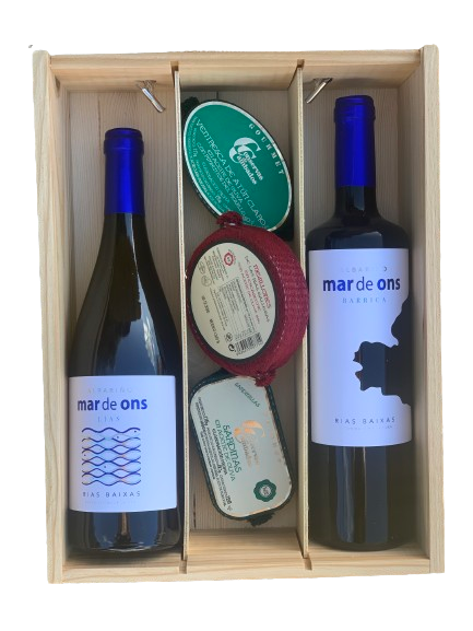 Albariño Mar de Ons Lías 2022 y Barrica 2022- Estuche de Madera 2 Botellas + 3 conservas