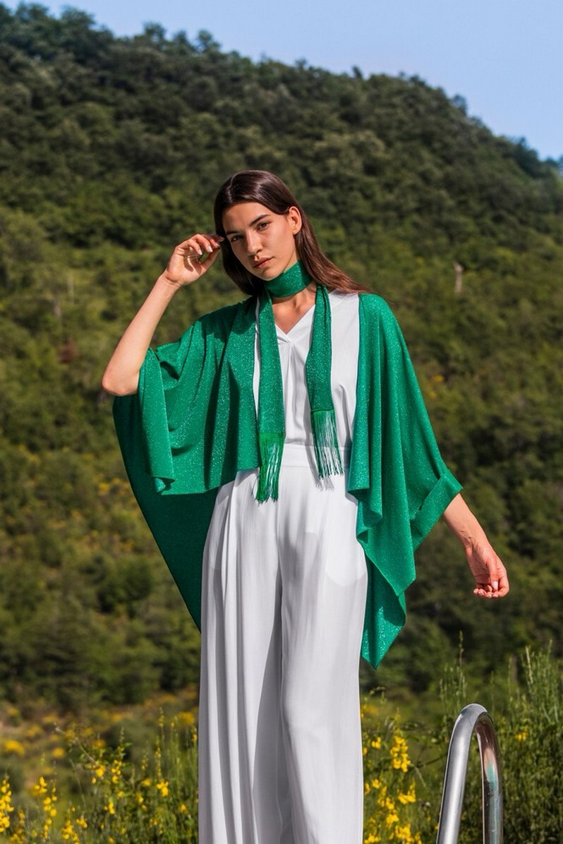 STOLA MANTELLA LUREX CON CINTURA FRANGE SMERALDO