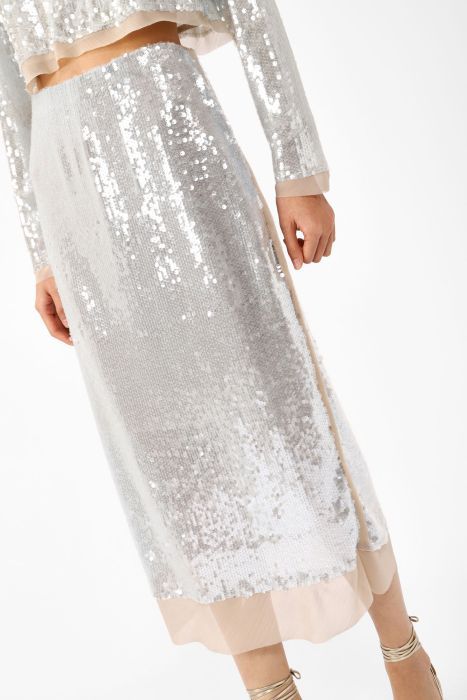 DIXIE Gonna midi monocolour con orlo effetto trasparenza e paillettes CELESTE