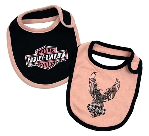 HARLEY-DAVIDSON BABY GIRLS' 2 PACK KNIT BIBS - DUSTY PINK & BLACK HARLEY-DAVIDSON BABY GIRLS' 2 PACK KNIT BIBS - DUSTY PINK & BLACK