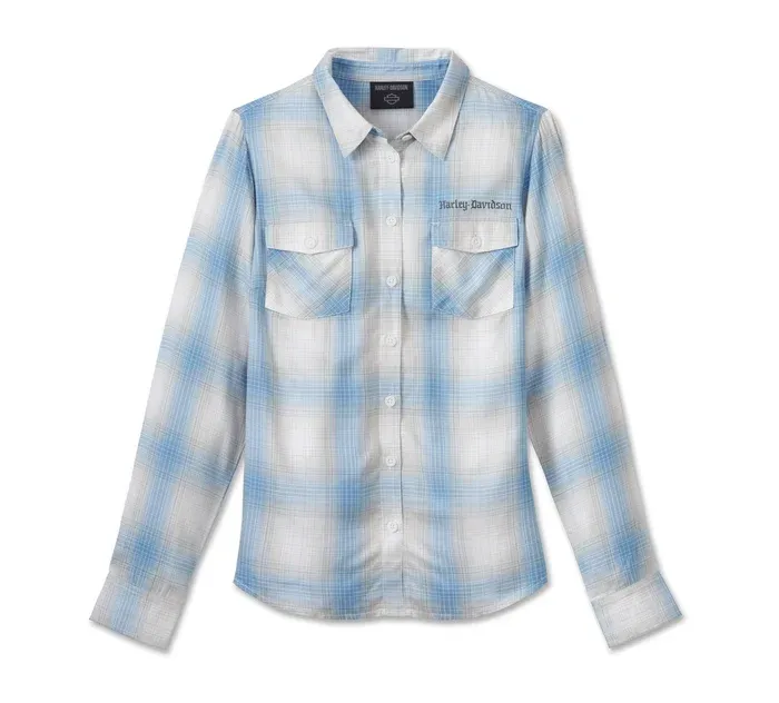 Women's Stacked Bar &amp; Shield Long Sleeve Viscose Shirt - Plaid - All Aboard &amp; Vapor Blue