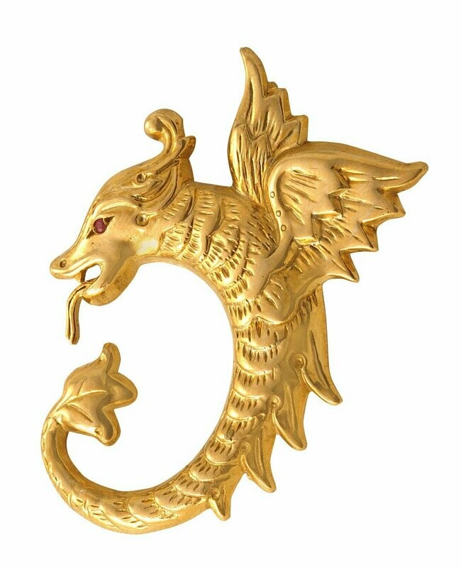 Brosche "Drache" in Silber 925/- goldplattiert mit Rubin