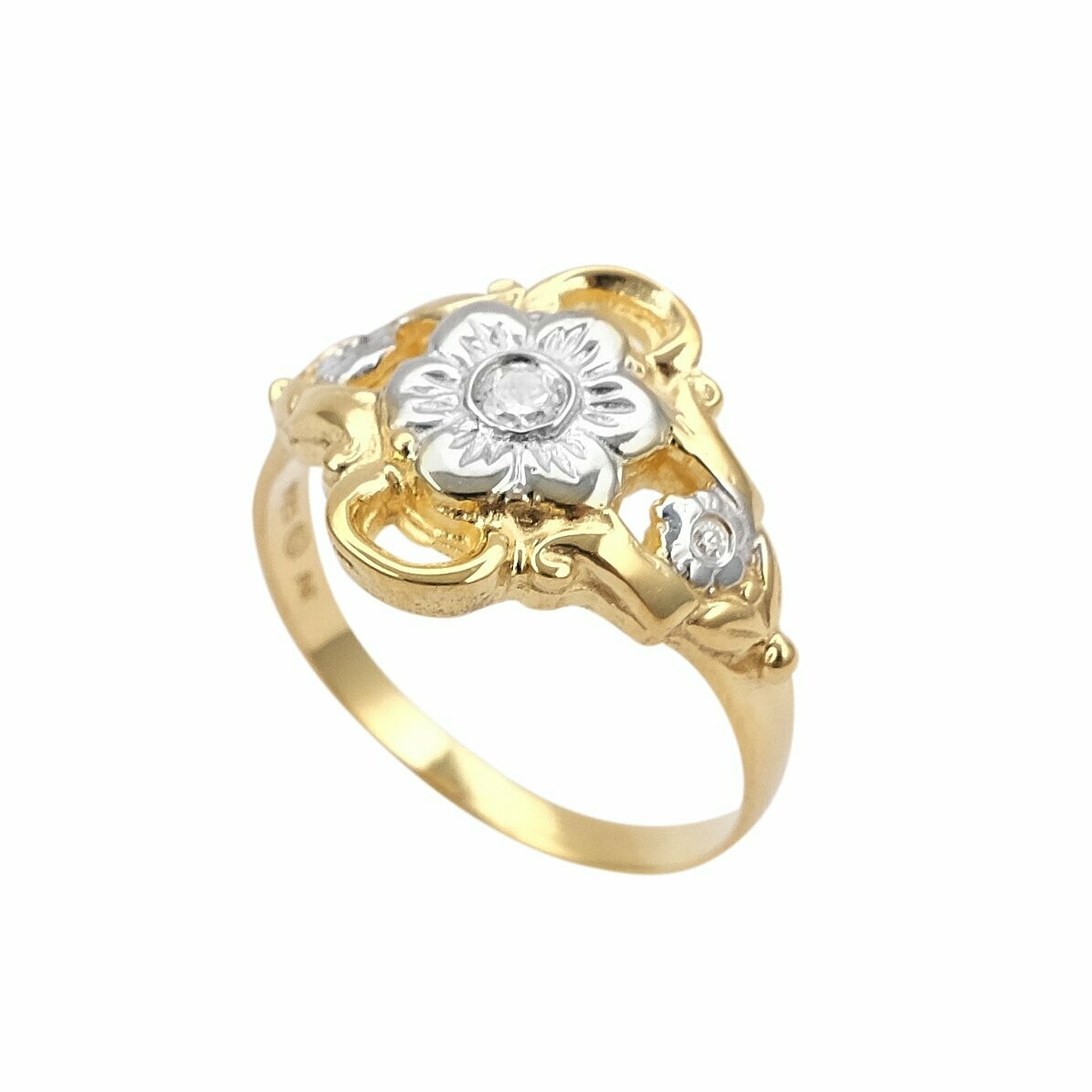 Blumen Ring in Silber 925/- mit hochwertiger Goldauflage und Zirkonia