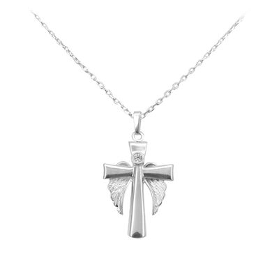 Anhänger Kreuz mit Schutzengelflügeln in Silber 925/- mit Kette