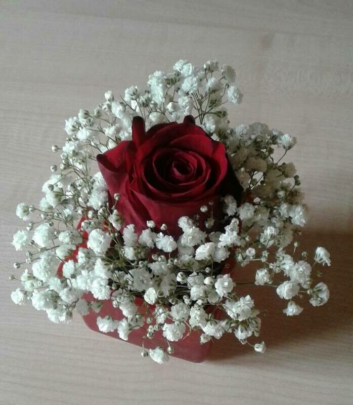 vasetto con rosa e velo da sposa