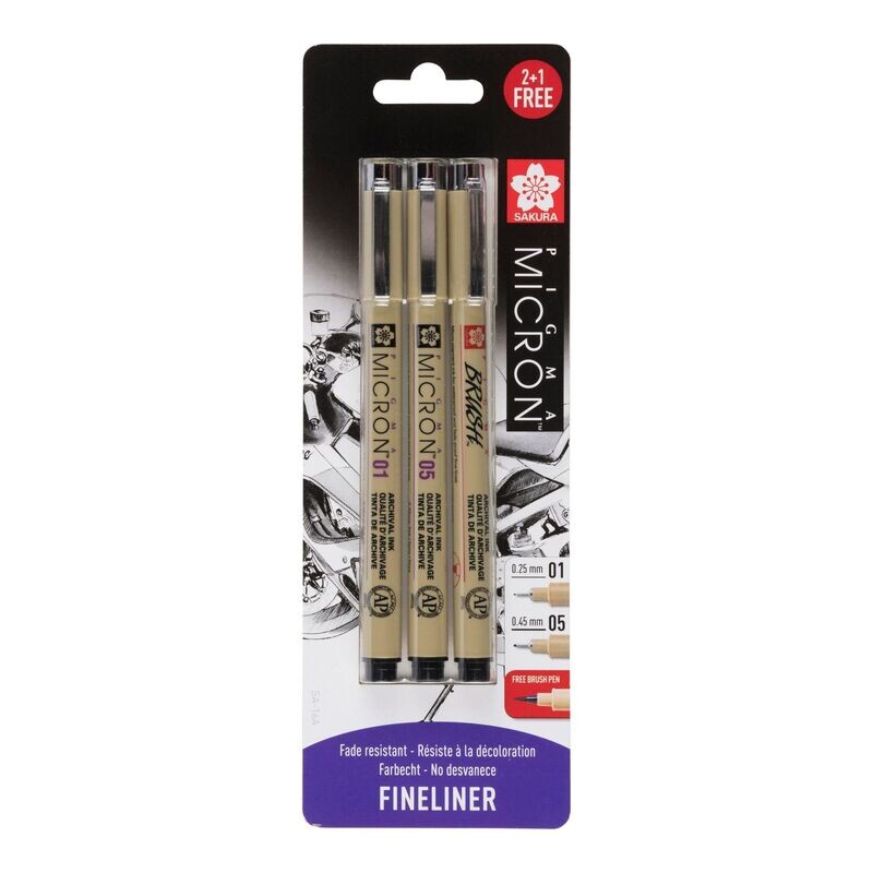SAKURA PIGMA MICRON GRIS NEGRO ESTUCHE DE 2+BRUSH PEN GRATIS