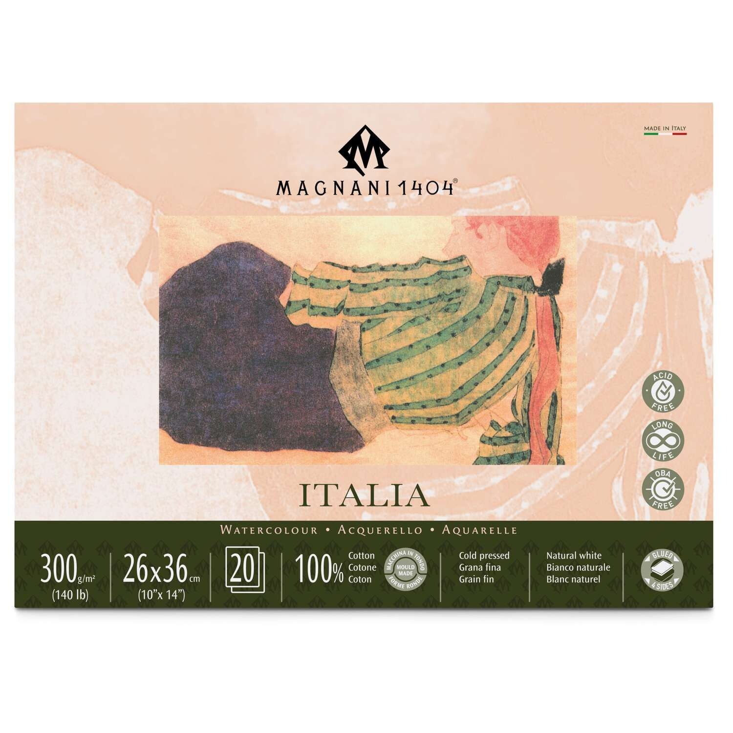 MAGNANI 1404 BLOC ACUARELA 300 gr.  26X36 cm, GRANO O TEXTURA: Italia: Grano Fino