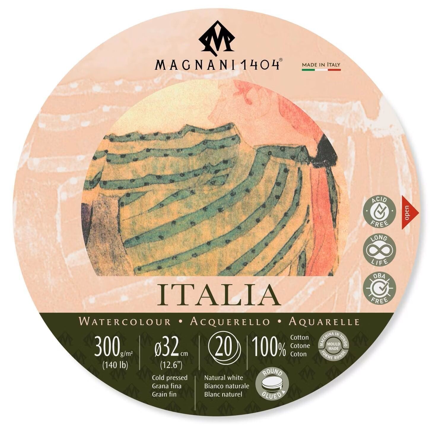 MAGNANI 1404 BLOC REDONDO ACUARELA 300 gr. Ø32 cm, GRANO O TEXTURA: Italia: Grano Fino