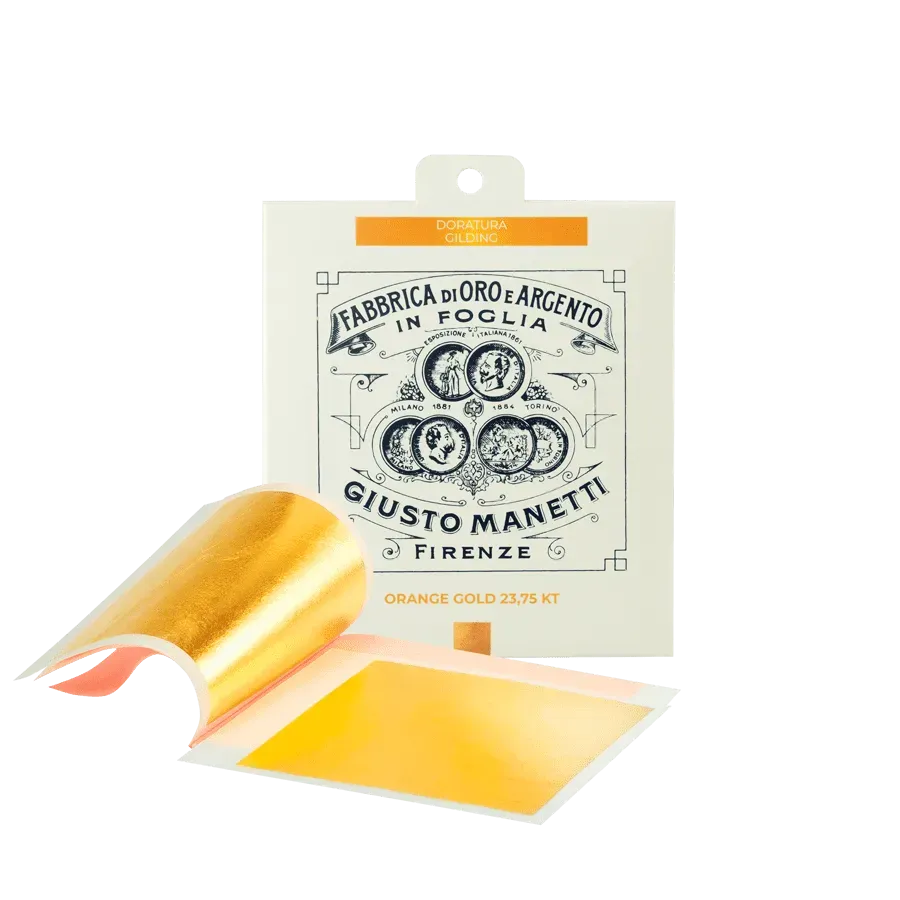 GIUSTO MANETTI PAN DE ORO NARANJA DE 23,75 Kt EN LIBRO 80x80 mm HOJA DE CALCO