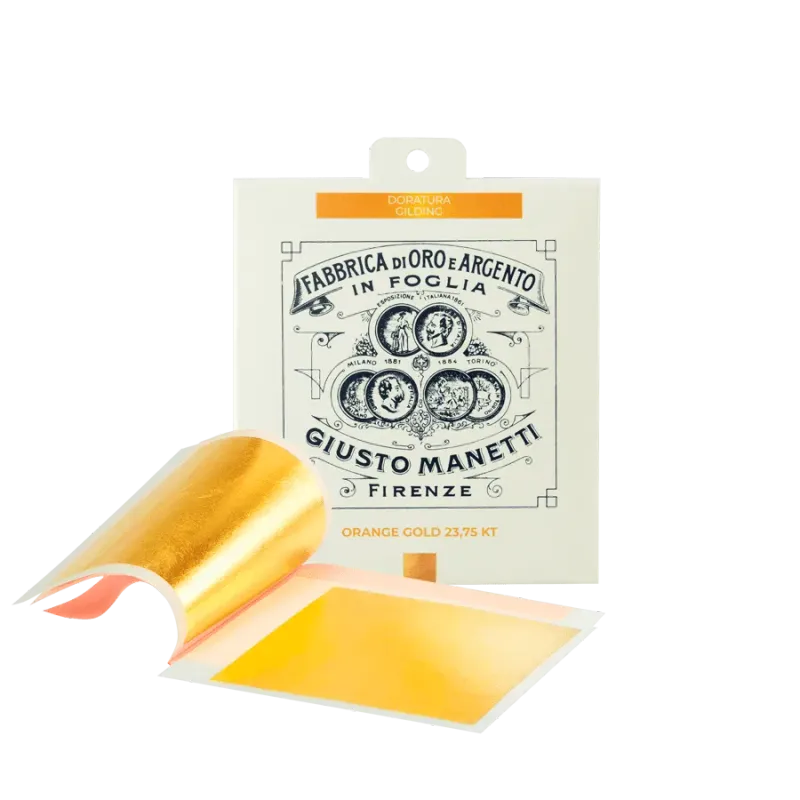 GIUSTO MANETTI PAN DE ORO NARANJA DE 23,75 Kt EN LIBRO 80x80 mm HOJA DE CALCO