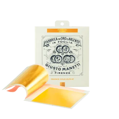 GIUSTO MANETTI PAN DE ORO NARANJA DE 23,75 Kt EN LIBRO 80x80 mm HOJA DE CALCO