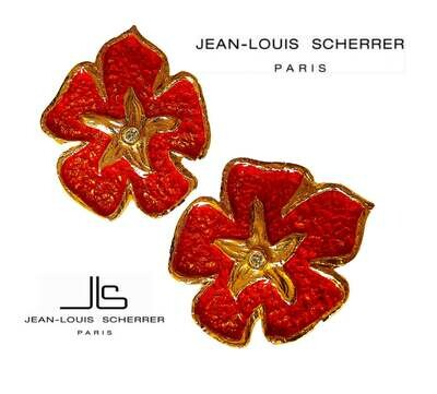 JEAN LOUIS SCHERRER Années 80 - Boucles d'Oreilles Clips Fleurs Orange