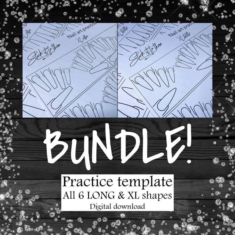 Practice template ALL 6 LONG & XL shapes - DIGITAL Download - Print your own nail art practice sheets!