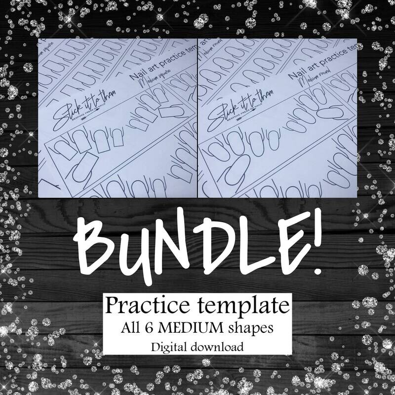 Practice template ALL 6 MEDIUM shapes - DIGITAL DOWNLOAD - Print your own nail art practice sheets!