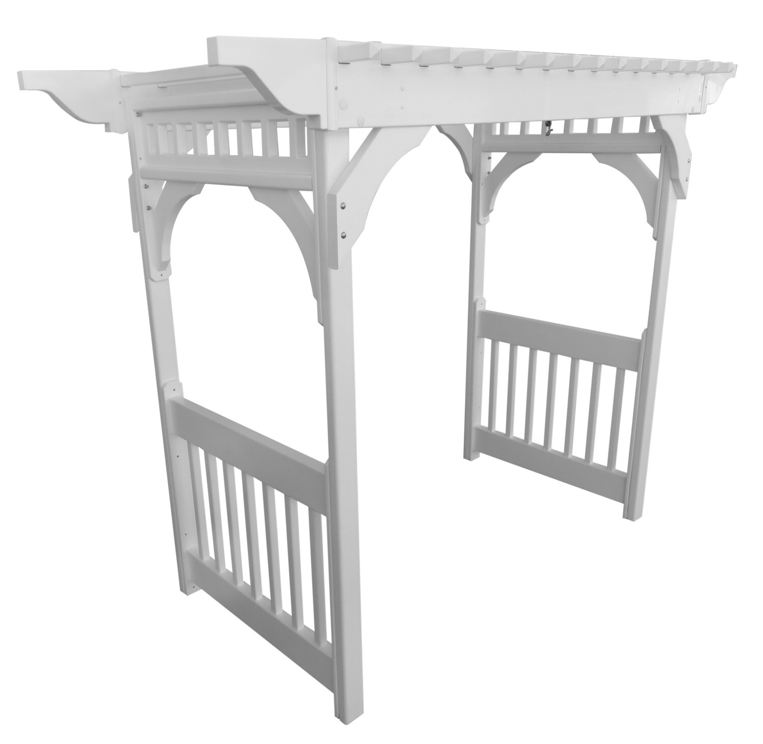 VINYL SWING ARBOR IN WHITE WITH GROUND ANCHORS OR CONCRETE ANCHORS