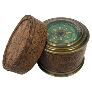 Vintage Brass Compass In Tooled Leather
