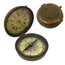 Brass Compass and Clock, Antiqued Vintage Reproduction Brass Compass and Clock, Antiqued Vintage Reproduction