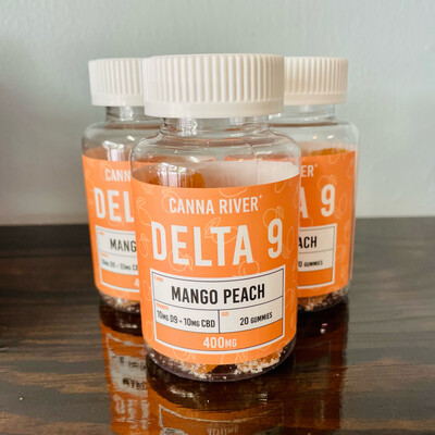 Canna River Gummies - 1:1 Delta 9 & CBD - Mango Peach (20mg each, 400mg total)