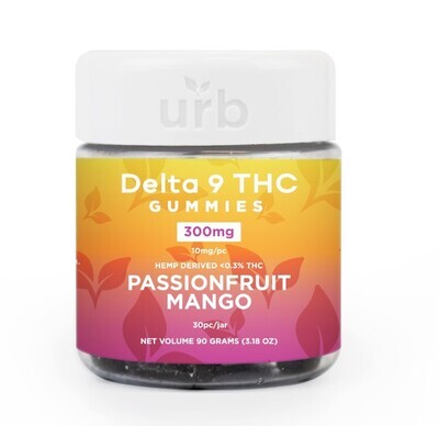 Urb Delta 9 THC Gummies -  Passionfruit Mango (300mg total, 10mg each)