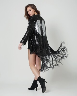 Black Sequin Kimono with Silver Wings - Burning Man Fringe Jacket