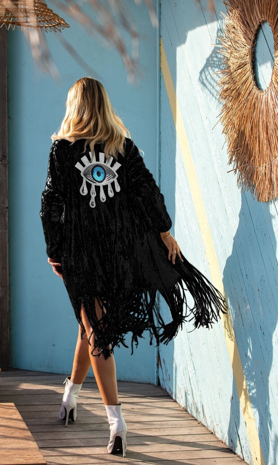 Black Sequin Kimono with Fringes - Sparkly Duster - burning man , Third Eye  Kimono, Rave Outfit for women - Boho Festival Clothing Jacket