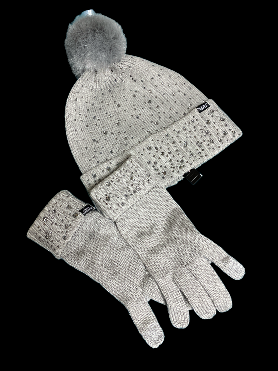 New Victoria's Secret Gray Bling Pom Beanie Hat + Gloves