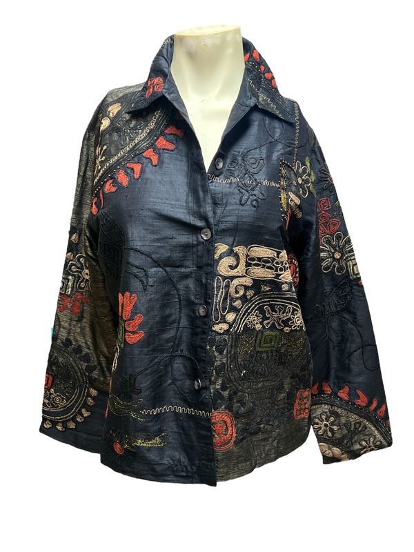 Chicos Raw Silk Embroidered Applique Jacket sz 1 (Medium)