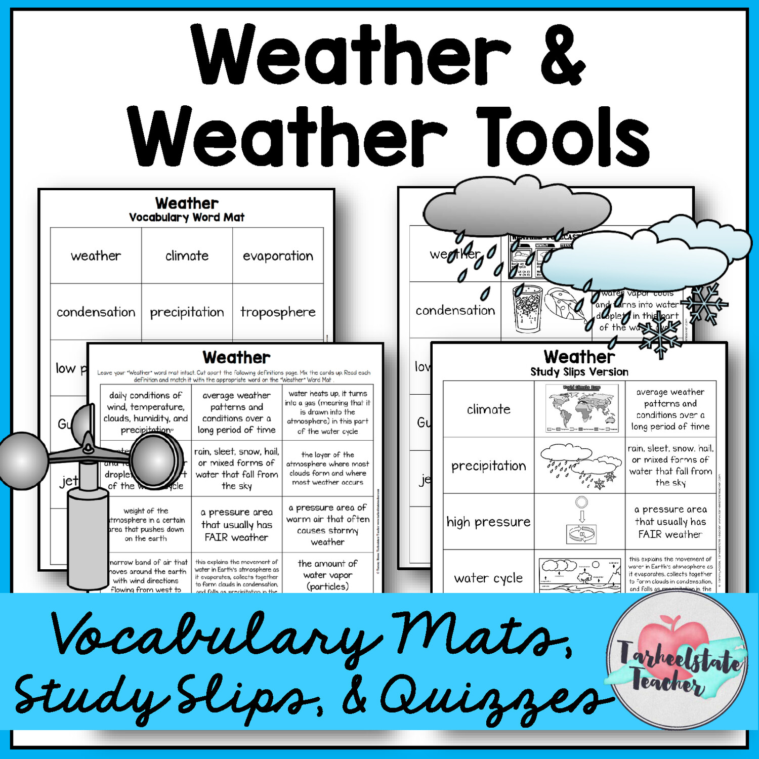 Weather Vocabulary Mats, Study Slips, and Quizzes Printable and Digital