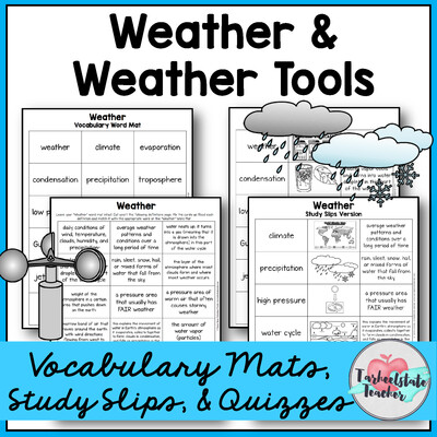 Weather Vocabulary Mats, Study Slips, and Quizzes Printable and Digital