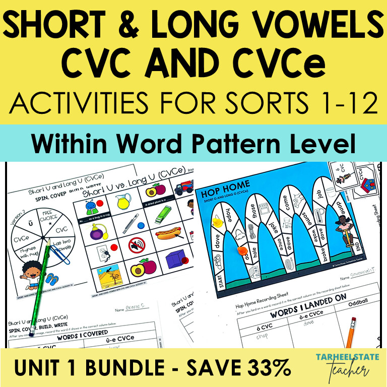 Short and Long Vowel Sounds Activities and Games Bundle Within Word Pattern
