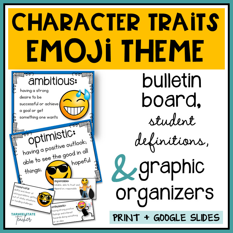 Character Traits Vocabulary and Graphic Organizers - Emoji Theme