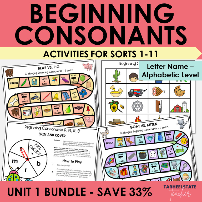Beginning Consonant Sounds Games Bundle Letter Name Alphabetic Activities