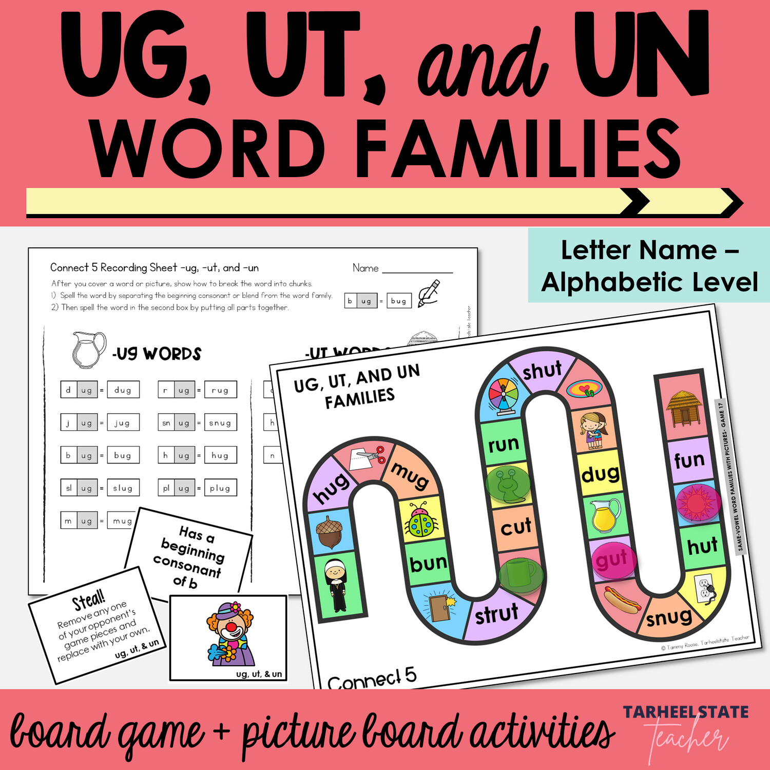 ug, ut, un Word Family Games - CVC Words Activities for Letter Name Alphabetic