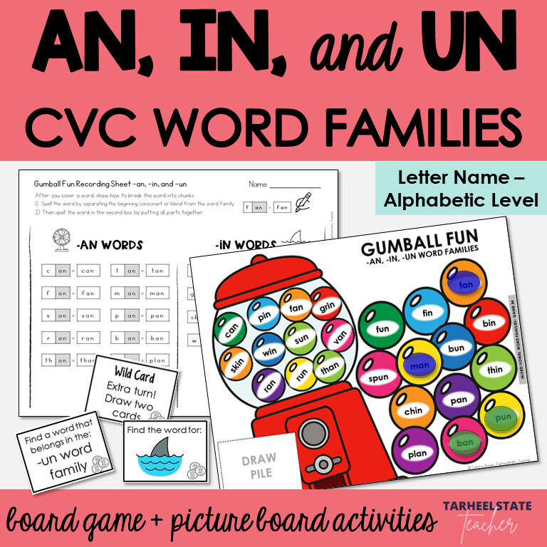 AN, IN, UN Word Families Games and Letter Name Alphabetic Activities