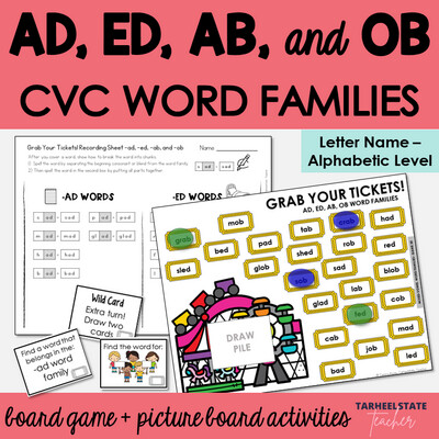 AD, ED, AB, OB Word Families Games and Letter Name Alphabetic Activities