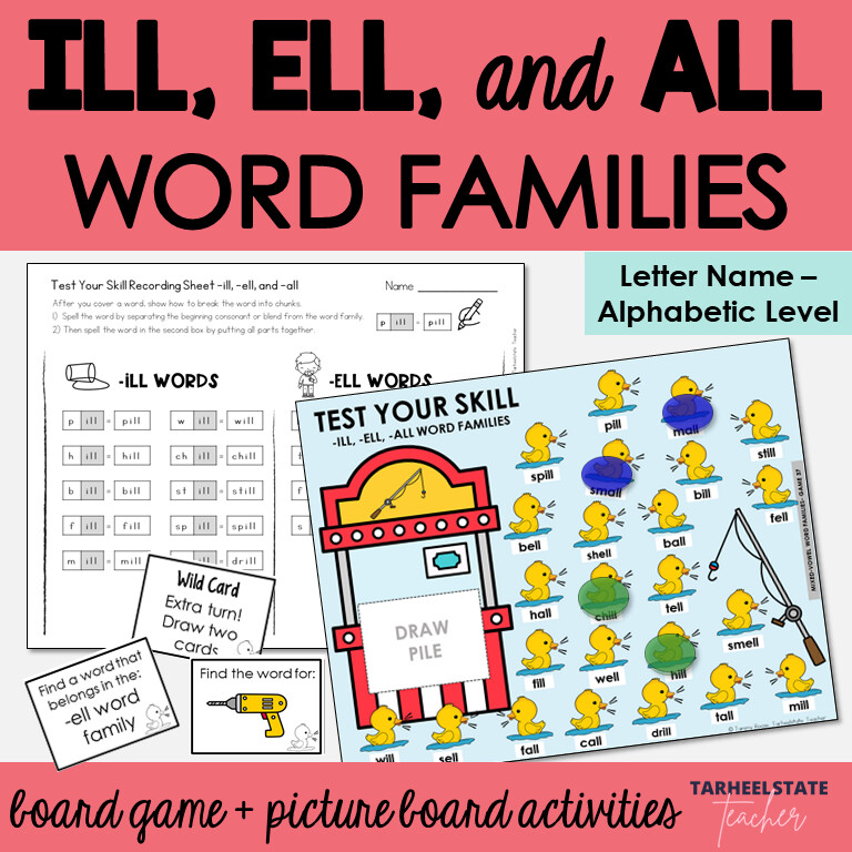 ILL, ELL, ALL Word Families Games and Letter Name Alphabetic Activities