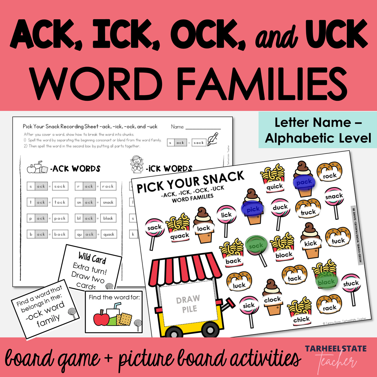 ACK, ICK, OCK, UCK Word Families Games and Letter Name Alphabetic Activities
