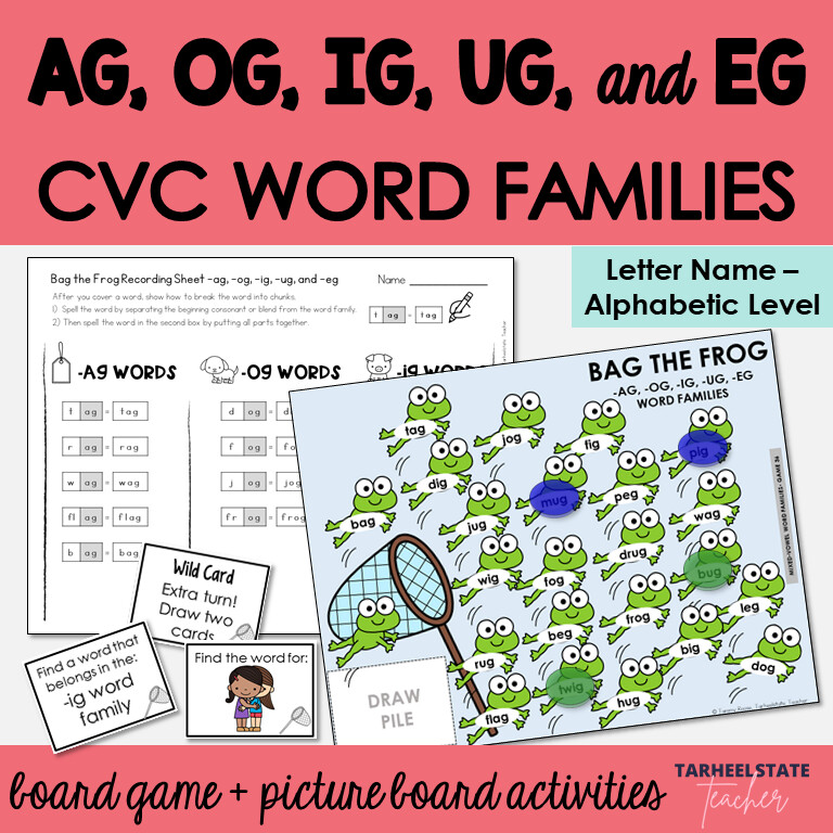 AG, OG, IG, UG, EG Word Families Games and Letter Name Alphabetic Activities