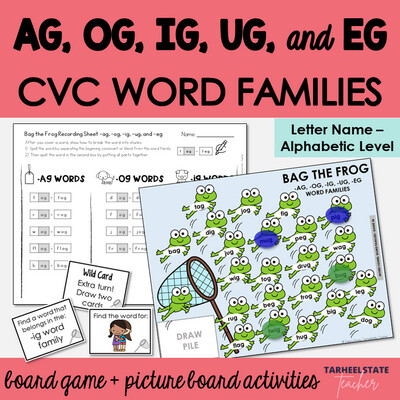 AG, OG, IG, UG, EG Word Families Games and Letter Name Alphabetic Activities