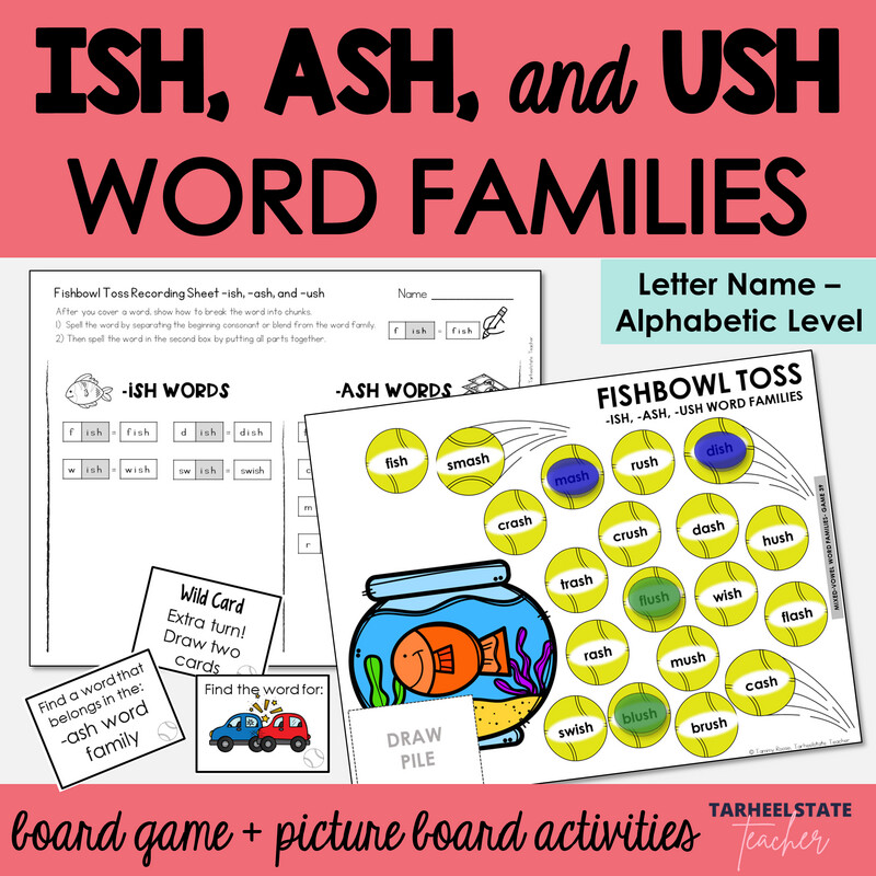 ISH, ASH, USH Word Families Games and Letter Name Alphabetic Activities